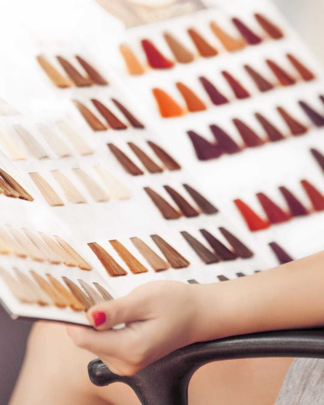 Person holding a hair color swatch booklet with various shades of hair dye samples.
